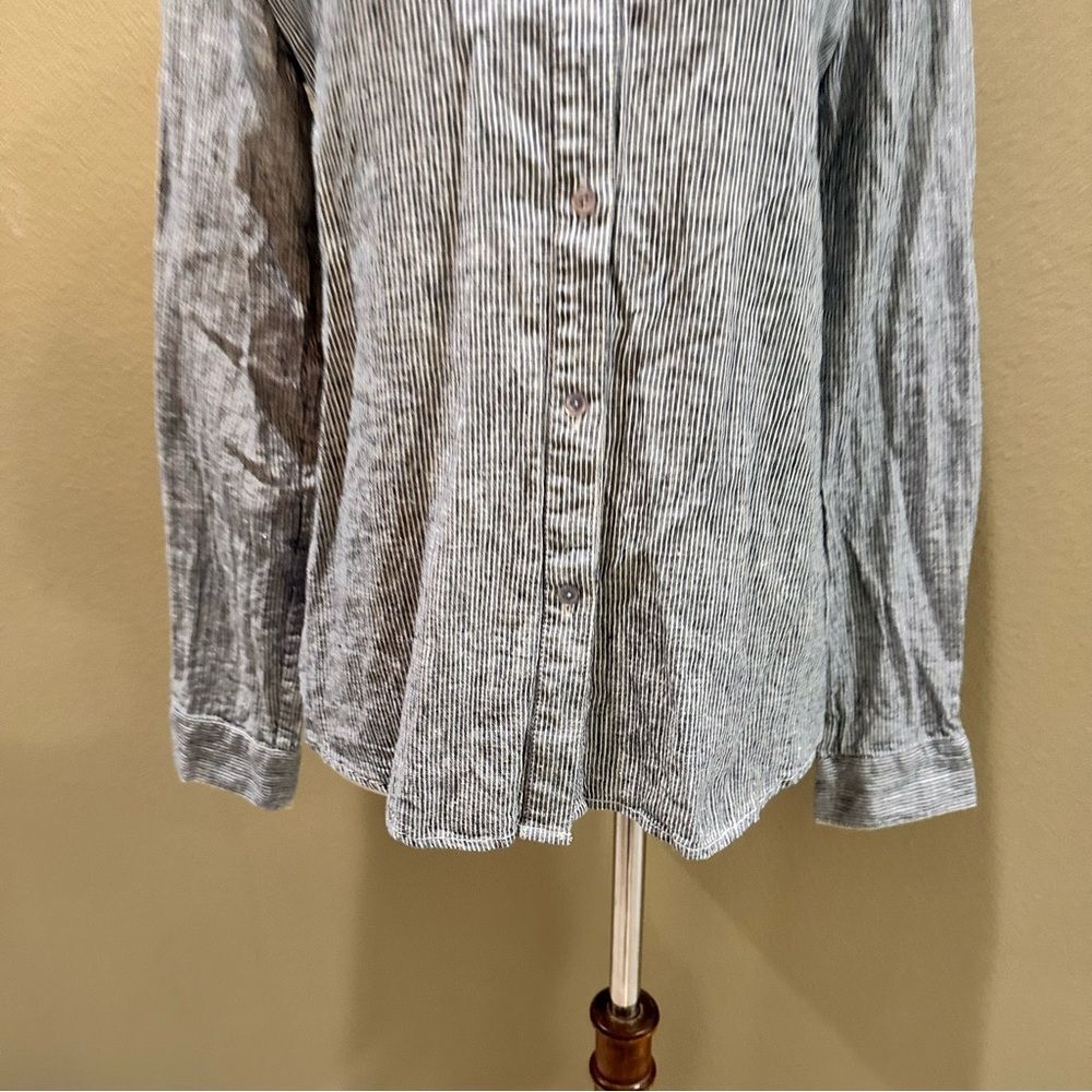 Button-Up Shirt Eileen Fisher Navy Striped Organic Cotton Hemp Mandarin Collar - Picture 5 of 15
